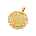 Macro shot of St. Benedict medal pendant with champagne crystal beads and golden details - Gold Champagne Crystal