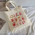 Cream canvas tote bag with pink watercolor prints and artistic love typography - C18 Pink Sweet Mix