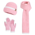 Pink 3-piece winter set with striped beanie, long scarf, and touchscreen gloves - Pink