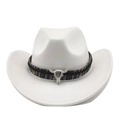 Detail of white wide-brim western cowboy hat with ethnic band and silver bull skull charm - M (56-59cm) / Beige Faux Suede