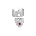 Silver S925 heart ear cuff with pink gemstone and textured finish on white background - Single Piece / Platinum