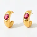 Gold plated C-shaped stainless steel earrings with oval red gemstone settings - Gold Base Red Stone (KDE860)