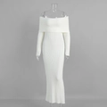Detail of white off-shoulder knitted maxi dress featuring thick ribbed texture and slim fit - S / White