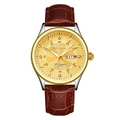 Men's quartz watch featuring a gold case with brown crocodile leather strap and dual calendar - Gold Case Gold Dial Brown Leather Strap