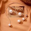 Exaggerated silver stainless steel necklace and earring set with white pearls - Silver Jewelry Set (C404+C403)