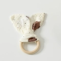 Baby teething ring toy with cream cotton bunny ears and brown bear pattern print - Bear Planet