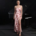 Detail of pink floral evening gown featuring strapless design and high leg slit - XS / Pink Floral