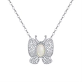 Bohemian silver butterfly necklace with oval opal pendant and delicate bead chain - Opal, White Gold Plated, Approx. Weight 2.02g