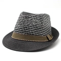 Grauer Strohhut in Fedora-Form mit atmungsaktivem Netzkronen-Design und Streifenband - M (56-58cm) / Schwarz