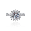 Silver sunflower moissanite engagement ring with micro-paved band on white background - 1 Carat Full Diamond Floral Design / Adjustable Open