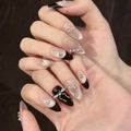 Uñas postizas ojo de gato rosa y morado con lazos plateados 3D y diamantes brillantes - XS / Banquete al Atardecer-Forma de Almendra