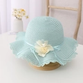 Light blue woven sun hat with large floral accent and wavy brim for young girls - Hat / Mint Green