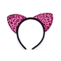 Pink leopard print plush cat ear headband with black frame for party costume accessories - Rose Red Leopard