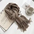 Soft latte brown cashmere-feel winter scarf with long tassels and minimalist style - Flax Khaki