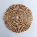 Bohemian woven raffia wall decor in light khaki with decorative fringe edges - Radial Tassel Decorative Hanging (38cm)