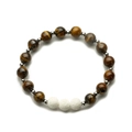 Close-up of natural brown tiger eye beads and white lava stone bracelet with silver spacers - Tiger Eye & White Lava Stone