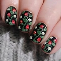 Short square press-on nails with black base and fresh strawberry floral nail art design - Strawberry Floral Style (CW646)