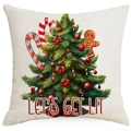 Housse de coussin en lin Noël avec phrase Let's Get Lit, sapin et bonhomme de pain - Faisons la Fête