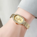 Elegante orologio da donna ovale dorato con lunetta di diamanti e cinturino metallico - Quadrante Dorato Cassa Dorata