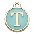 Light blue enamel round letter T pendant charm with gold metal trim for DIY jewelry - Double-Sided Letter T / 1 Piece (12x14mm) / Green