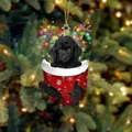 Weihnachtsanhänger mit schwarzem Pudel in roter Schneeflockentasche und Rentiergeweih - Schwarz Pudel