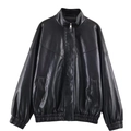 Giacca bomber da donna in ecopelle nera con collo alto e vestibilità ampia sulle spalle - XS / Nero