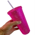 Handheld rose red studded tumbler with straw and double-wall plastic design - 601-700ml / Rose Red
