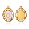 Golden oval pendant charm featuring a white enamel center with letter Q and vintage frame - Letter Q