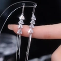 Silver tassel earrings featuring geometric trapezoid stones and long vertical fringes - Silver Wheat Geometric Tassel