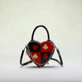 Red and black heart-shaped handbag with poker prints and silver chain decorative charms - Black