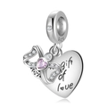 925 silver heart charm with Gift of Love engraving and pink gemstone for DIY jewelry - Pink Heart Bow Style (PD0605) / 925 Sterling Silver