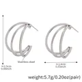 Three-layer silver stainless steel C-shaped hoop earrings with size and weight specs - Three-Layer Square Line Geometric Earrings / Steel