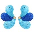 Blue raffia flower woven earrings featuring a gold bead center in a bohemian style - Three-Tone Blue Patchwork Woven Butterfly Earrings