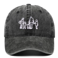 Detailed close-up of family silhouette embroidery on a black washed cotton baseball cap - Black
