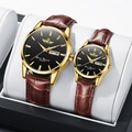 Close-up of gold quartz watches with black dials and brown leather straps in a gift box - Brown Strap Gold Case Black Dial
