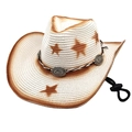 Detail of star-patterned straw cowboy hat with vintage metal conchos and adjustable chin cord - Pure White