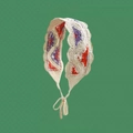 Beige floral knit head kerchief with purple and orange patterns and wavy edges - Reddish Purple