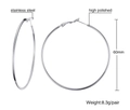 Detailed view of 60mm high polished stainless steel hoop earrings with size measurements - 60mm / Steel
