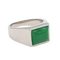 Silver stainless steel men's ring with rectangle green gemstone on white background - Silver Steel Rounded Green Gemstone