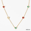 Gold finish heart necklace set with red and blue zircon pendants on white background - Gold Necklace + Colorful Zirconia(KDD131)