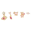 5-piece set of gold earrings featuring pink bear, planet, heart, and candy shapes - TZ00060 Gold - Planet Bear Pink Diamond 5-Piece Set