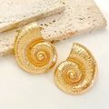 Macro shot of gold seashell earrings on beige travertine stone with elegant shadows - Gold Conch Stud Earrings (3956)