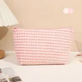 Pink and white checkered plush makeup bag with zipper closure, size 17.5x13x6.5cm - Pink/Dots/X-159-2