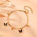 Gold stainless steel bracelet with black enamel butterfly charms and small gold beads - Black Shell Gold Butterfly Bracelet (L207) / Black