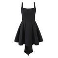 Detail of the black sleeveless party dress featuring a pleated skirt and long back trail - S / Bottoms / Black