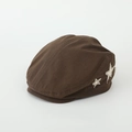 Detail van de retro bruine canvas baret met witte sterborduurwerk en fijne stiksels - 52cm (2-5 Jaar) / Bruin