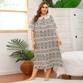 Plus size short sleeve nightgown featuring ethnic geometric prints and lace neckline - XL / Apricot Bohemian