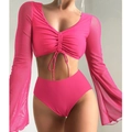 Detail of rose pink two-piece swimwear with sheer mesh sleeves and ruched tie-up front design - S / Rose Red