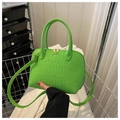 Detail of green shell bag with crocodile texture and gold hardware on metal background - Green