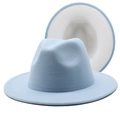 Classic blue and white two-tone felt fedora hat with a wide flat brim for men and women - L (58-60cm) / Sky Blue with White Inner